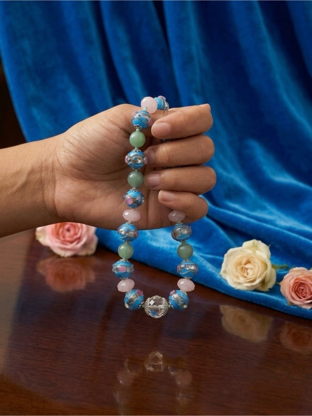 Aprilsplace Hand Knotted Necklace Blue Wedding Cake Pink Jade Aventurine 22” NWT - Picture 4 of 6